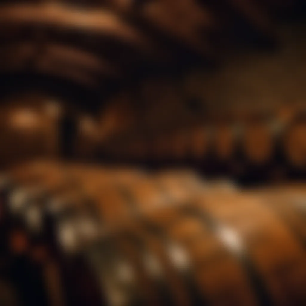 Aged sherry oak barrels in a dimly lit cellar