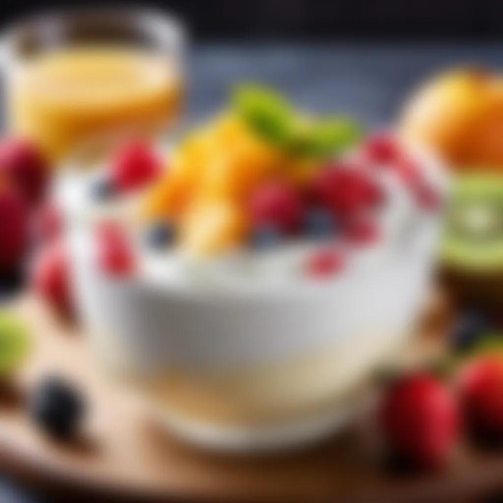 Creamy yogurt drizzled over a vibrant fruit mix