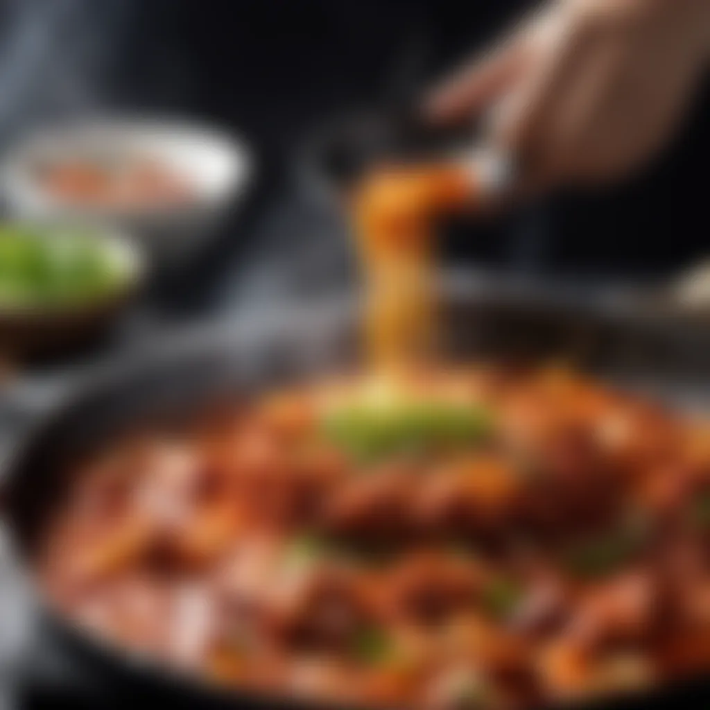 Cooking dakgalbi in a sizzling pan