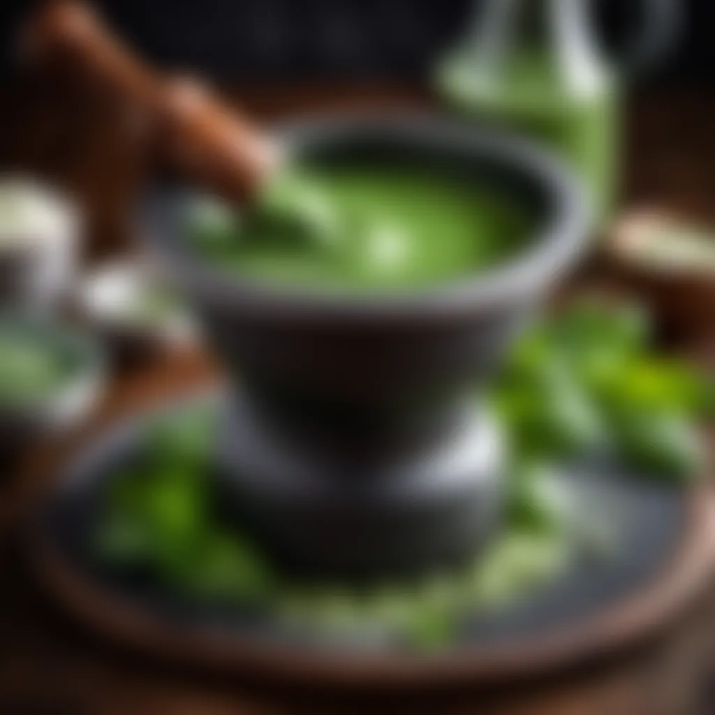 Mortar and pestle with blended mint sauce ingredients