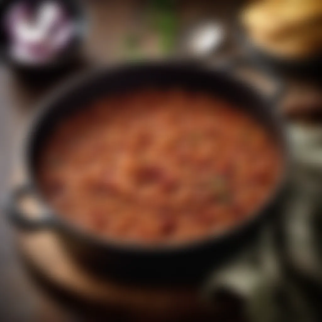 Homemade baked beans simmering in a cast iron pot