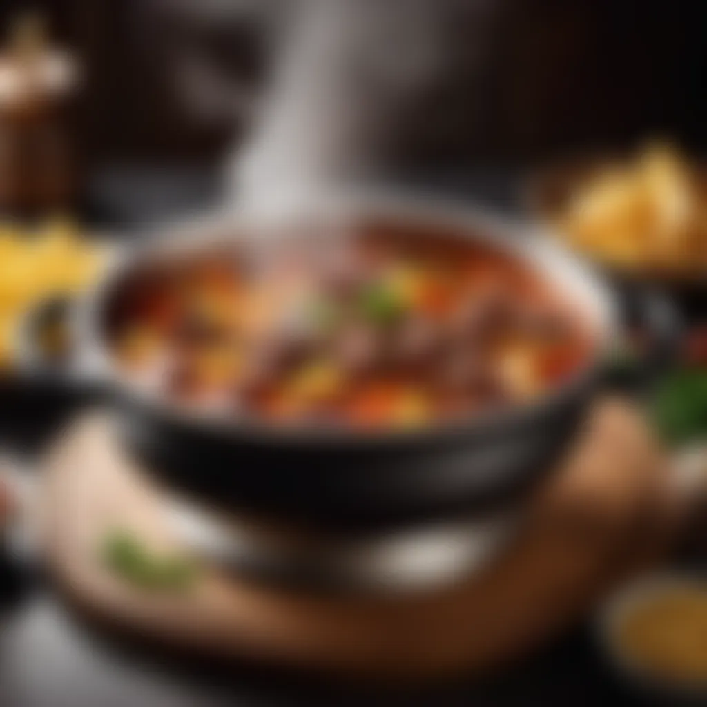 Steam rising from a piping hot pot of hearty beef goulash soup