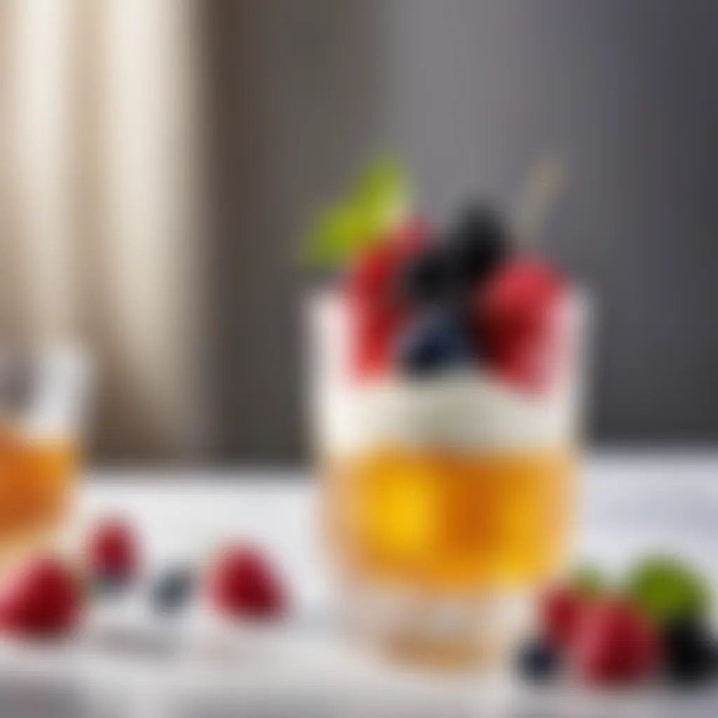 An elegant honey parfait topped with fresh berries in a crystal glass