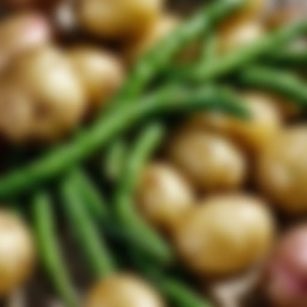 Close-up of perfectly cooked new potatoes and green beans
