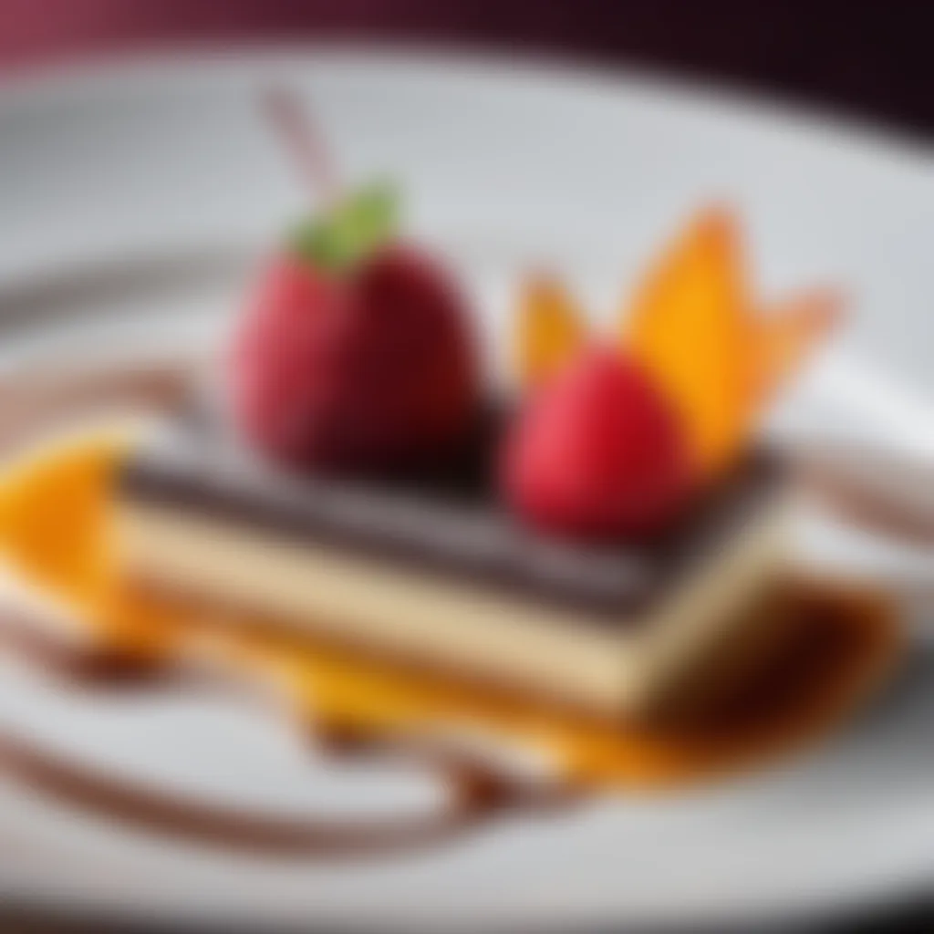 Exquisite plating of gourmet dessert with artistic garnish