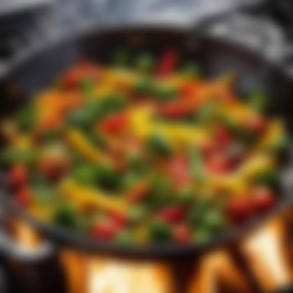 Close-up of sizzling skillet with vibrant vegetables