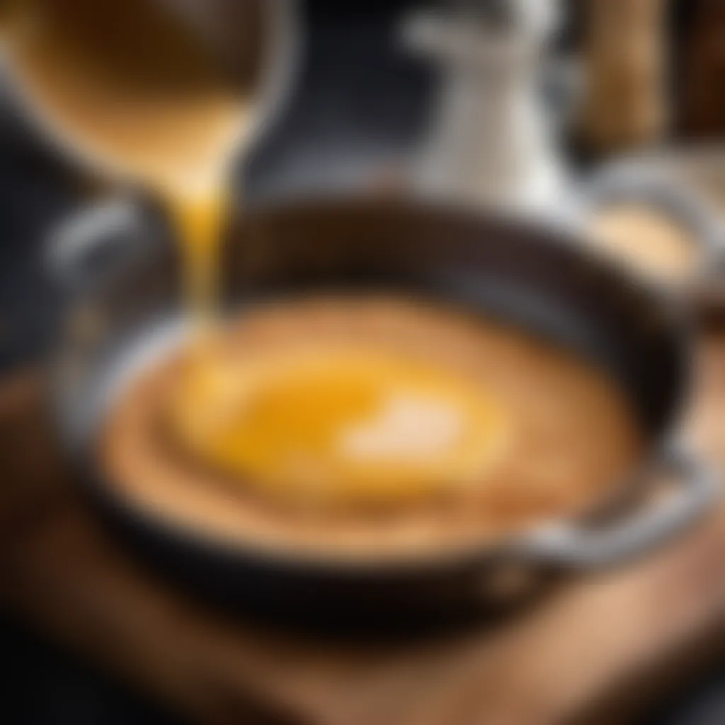 Flapjack batter being poured into a hot frying pan