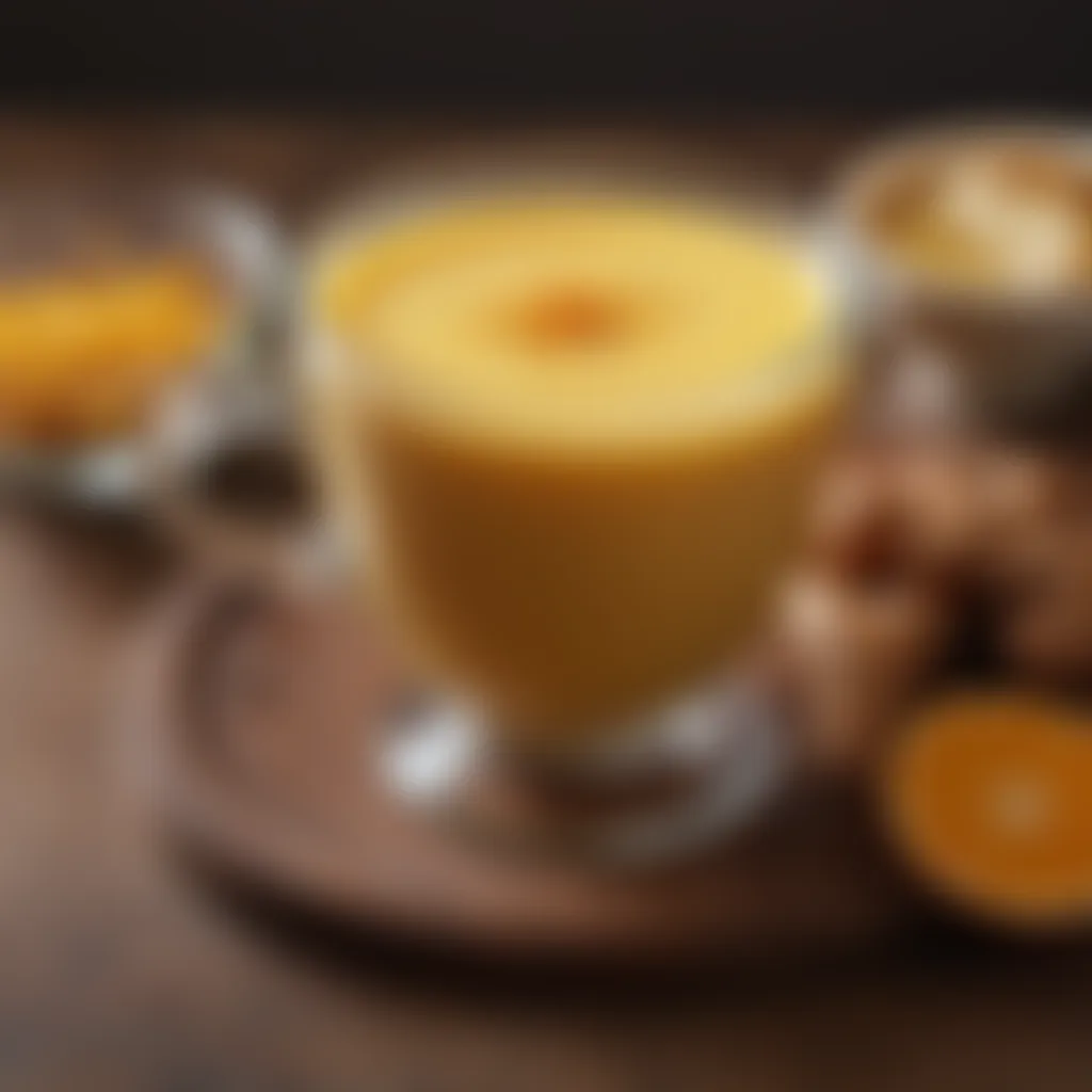 Turmeric-spiced warm golden milk in a glass mug