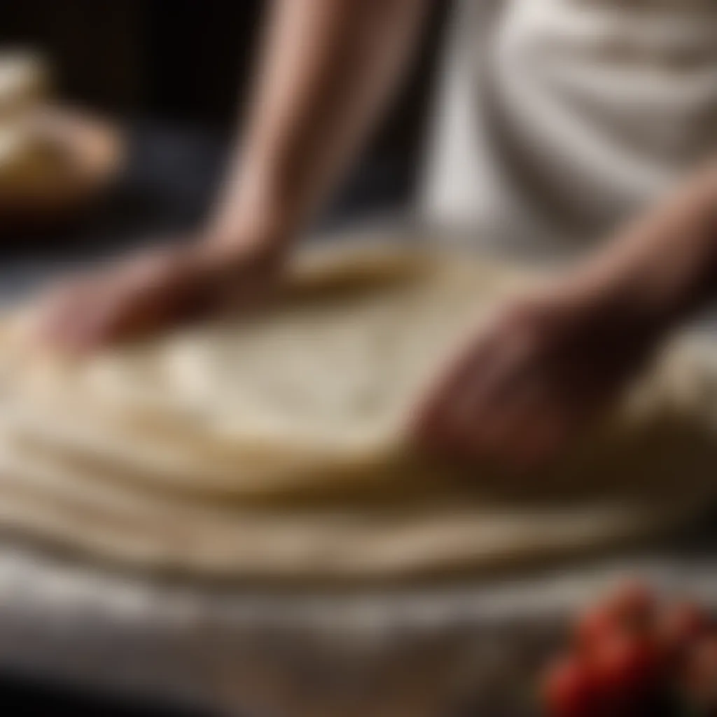 Close-up of homemade flatbread dough being rolled out