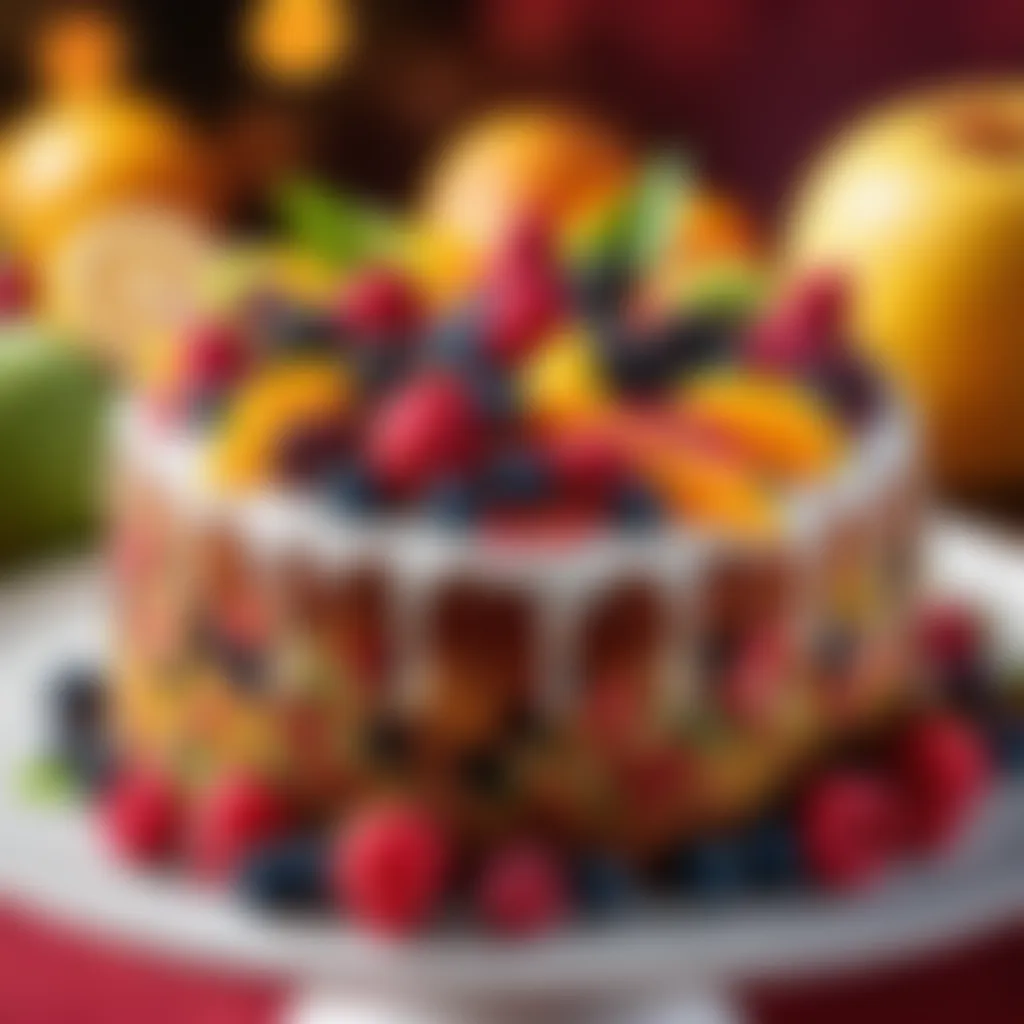 A close-up of a fruit cake with vibrant colorful fruits on top