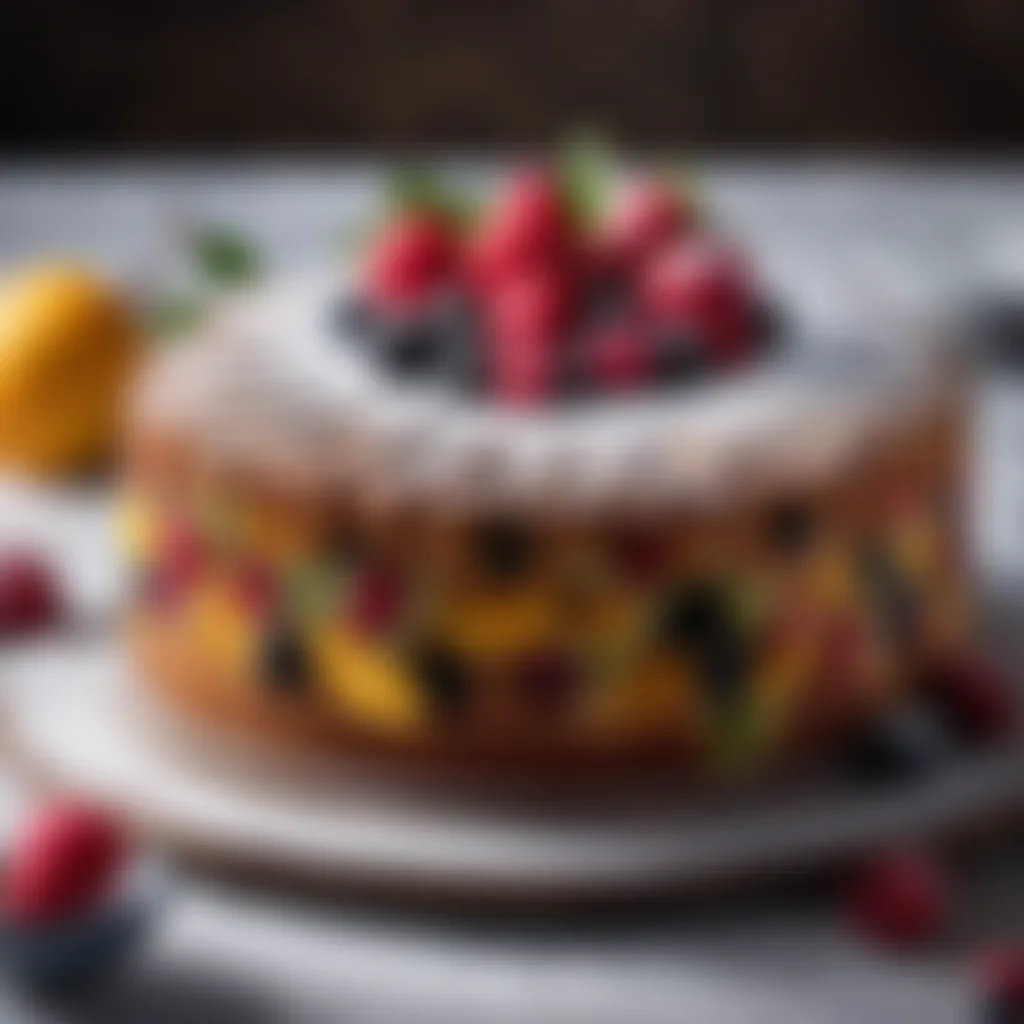 A beautiful fruit cake with a dusting of powdered sugar and fresh berries
