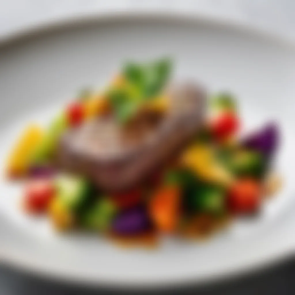 Artistic plating of Lynx Steak with vibrant vegetable medley