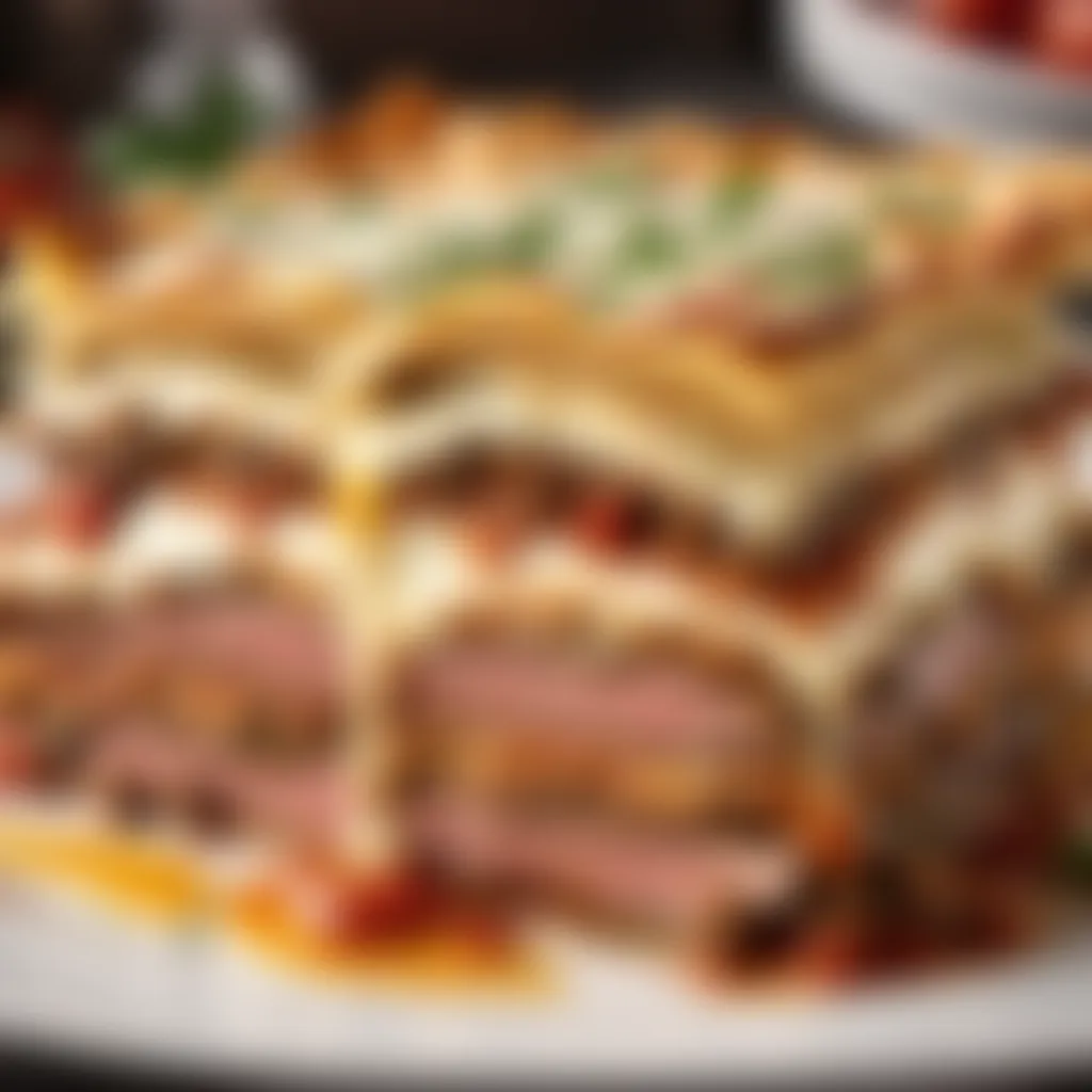 Exquisite layers of steak and cheese in lasagna