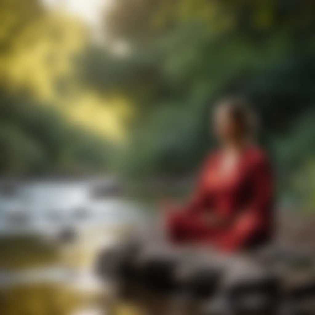 Person meditating beside a river