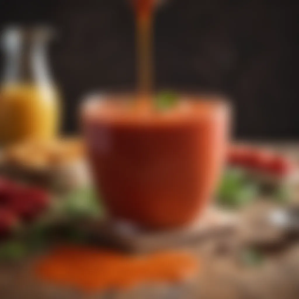 Blender filled with smooth red pepper soup