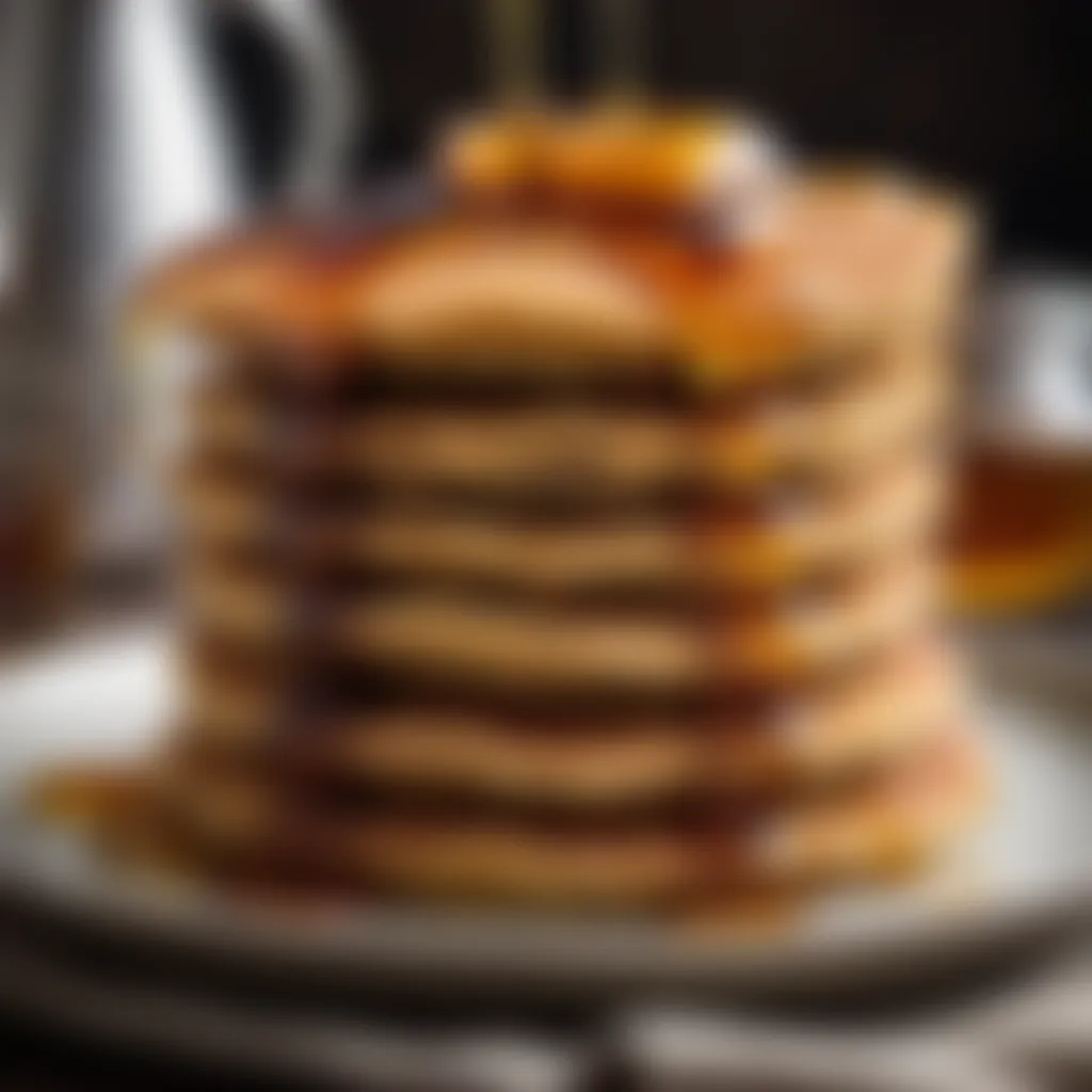 Stack of golden-brown flapjacks on a plate with maple syrup drizzled on top