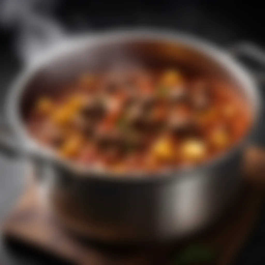 Steam rising from a bubbling pot of hearty beef goulash
