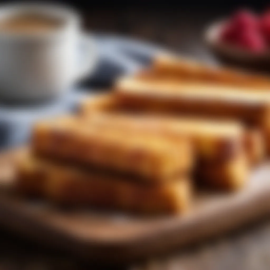 Golden brown French toast sticks on a wooden board