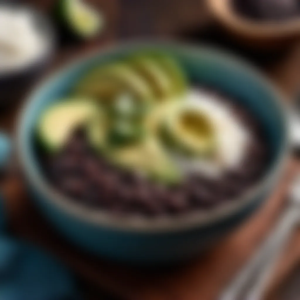 Black beans served with rice and avocado
